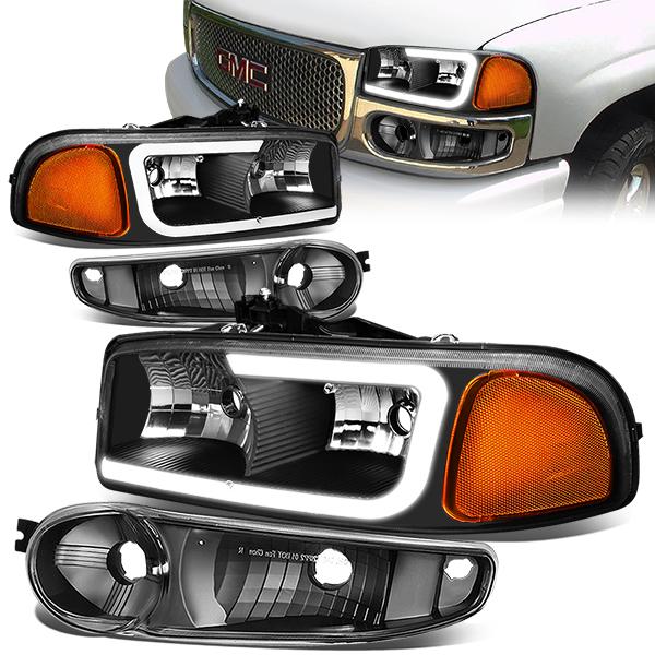 Nuvision Lighting, 00-06 GMC Sierra Yukon XL Denali LED DRL Headlights+Bumper Lamp -Black Housing Amber Corner