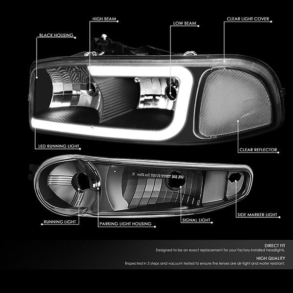 Nuvision Lighting, 00-06 GMC Sierra Yukon XL Denali LED DRL Headlights+Bumper Lamp -Black Housing Clear Corner