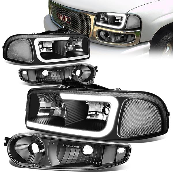 Nuvision Lighting, 00-06 GMC Sierra Yukon XL Denali LED DRL Headlights+Bumper Lamp -Black Housing Clear Corner