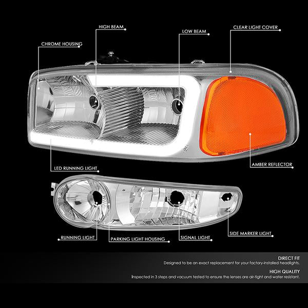 Nuvision Lighting, 00-06 GMC Sierra Yukon XL Denali LED DRL Headlights+Bumper Lamp -Chrome Housing Amber Corner