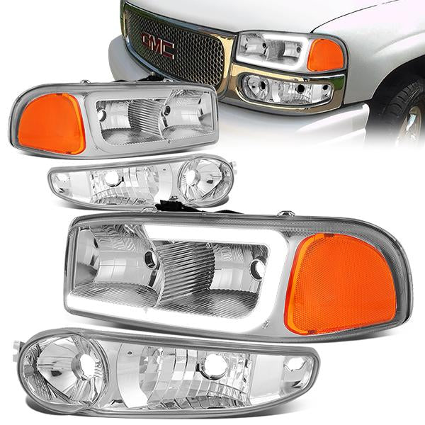 Nuvision Lighting, 00-06 GMC Sierra Yukon XL Denali LED DRL Headlights+Bumper Lamp -Chrome Housing Amber Corner