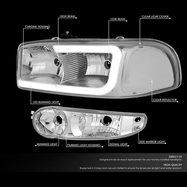 Nuvision Lighting, 00-06 GMC Sierra Yukon XL Denali LED DRL Headlights+Bumper Lamp -Chrome Housing Clear Corner