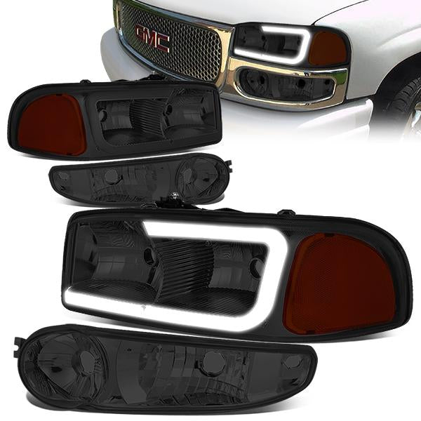 Nuvision Lighting, 00-06 GMC Sierra Yukon XL Denali LED DRL Headlights+Bumper Lamp -Smoked Housing Amber Corner