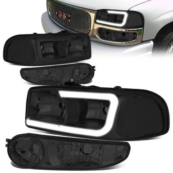 Nuvision Lighting, 00-06 GMC Sierra Yukon XL Denali LED DRL Headlights+Bumper Lamp -Smoked Housing Clear Corner