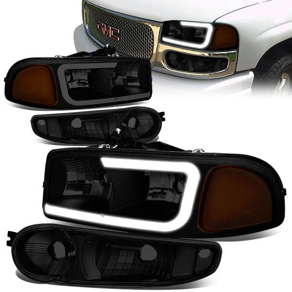 Nuvision Lighting, 00-06 GMC Sierra Yukon XL Denali LED DRL Headlights+Bumper Lamp -Tinted Housing Amber Corner