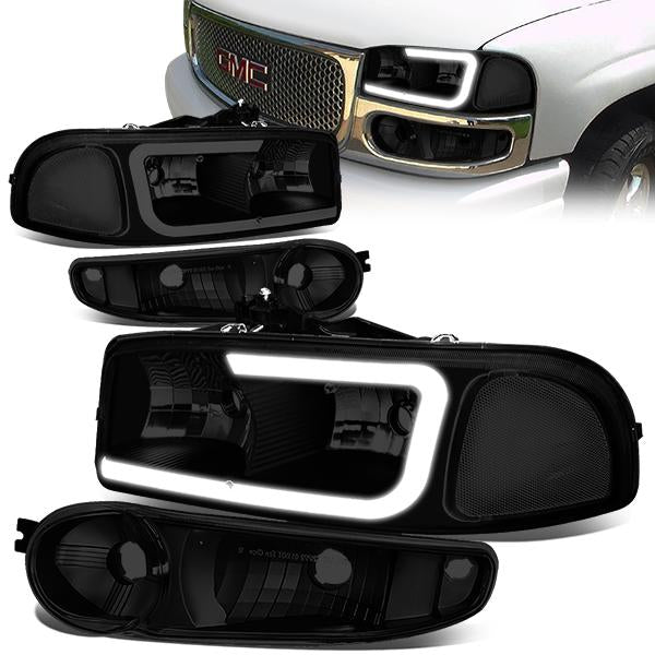 Nuvision Lighting, 00-06 GMC Sierra Yukon XL Denali LED DRL Headlights+Bumper Lamp -Tinted Housing Clear Corner