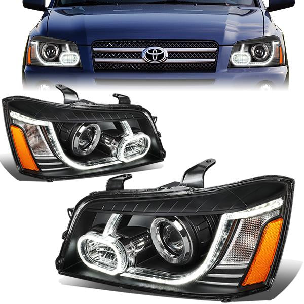 DNA Motoring, 01-07 Toyota Highlander LED DRL Projector Headlights - Black Housing Amber Corner