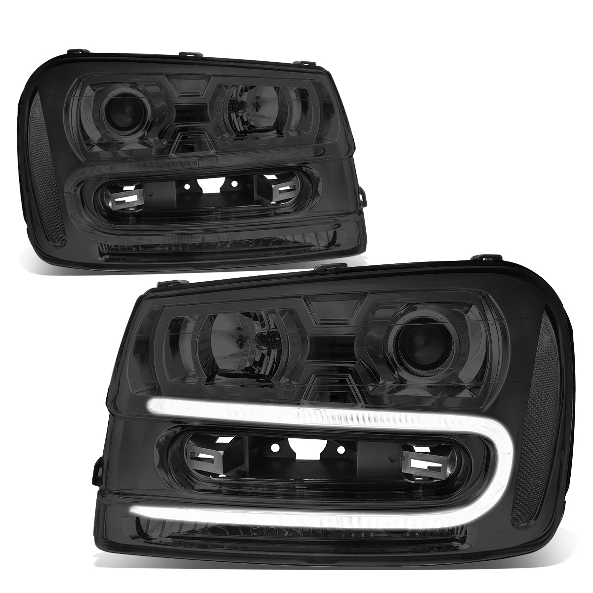 DNA Motoring, 02-09 Chevy Trailblazer EXT LED DRL Projector Headlights - Smoked Housing Clear Corner