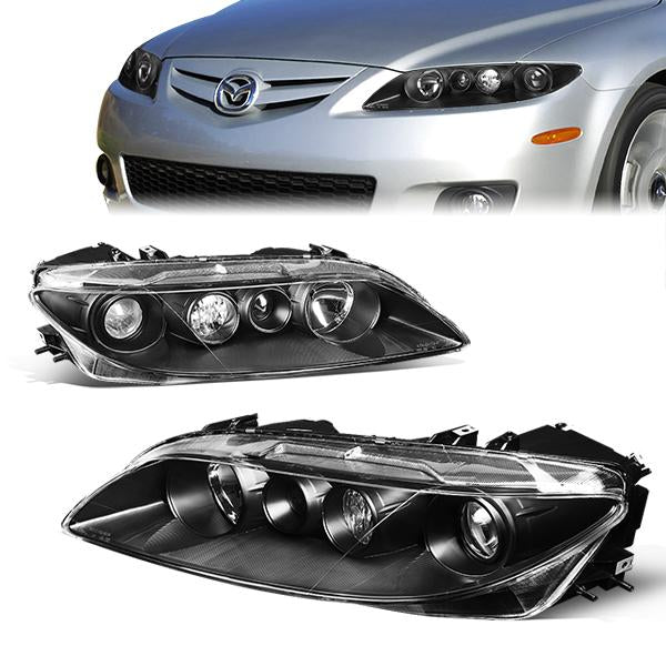 DNA Motoring, 03-05 Mazda 6 Projector Headlights with Fog Lamps - Black Housing