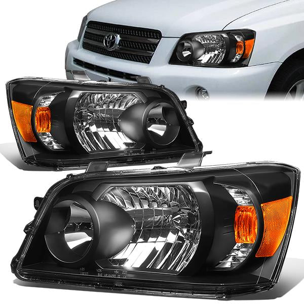 DNA Motoring, 04-06 Toyota Highlander Headlights - Black Housing Amber Corner