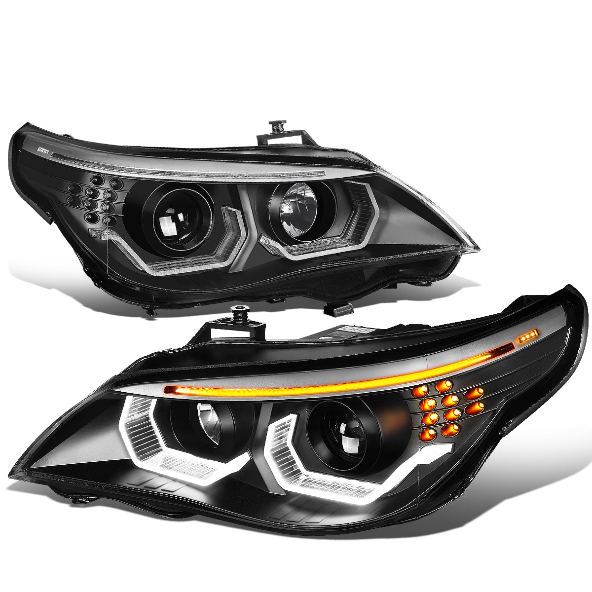 Nuvision Lighting, 04-07 BMW E60 525i 530i 530xi 545i 550i LED U-Halo+Signal Projector Headlights - Black