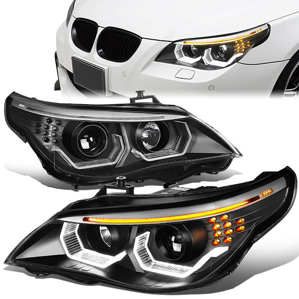 Nuvision Lighting, 04-07 BMW E60 525i 530i 530xi 545i 550i LED U-Halo+Signal Projector Headlights - Black