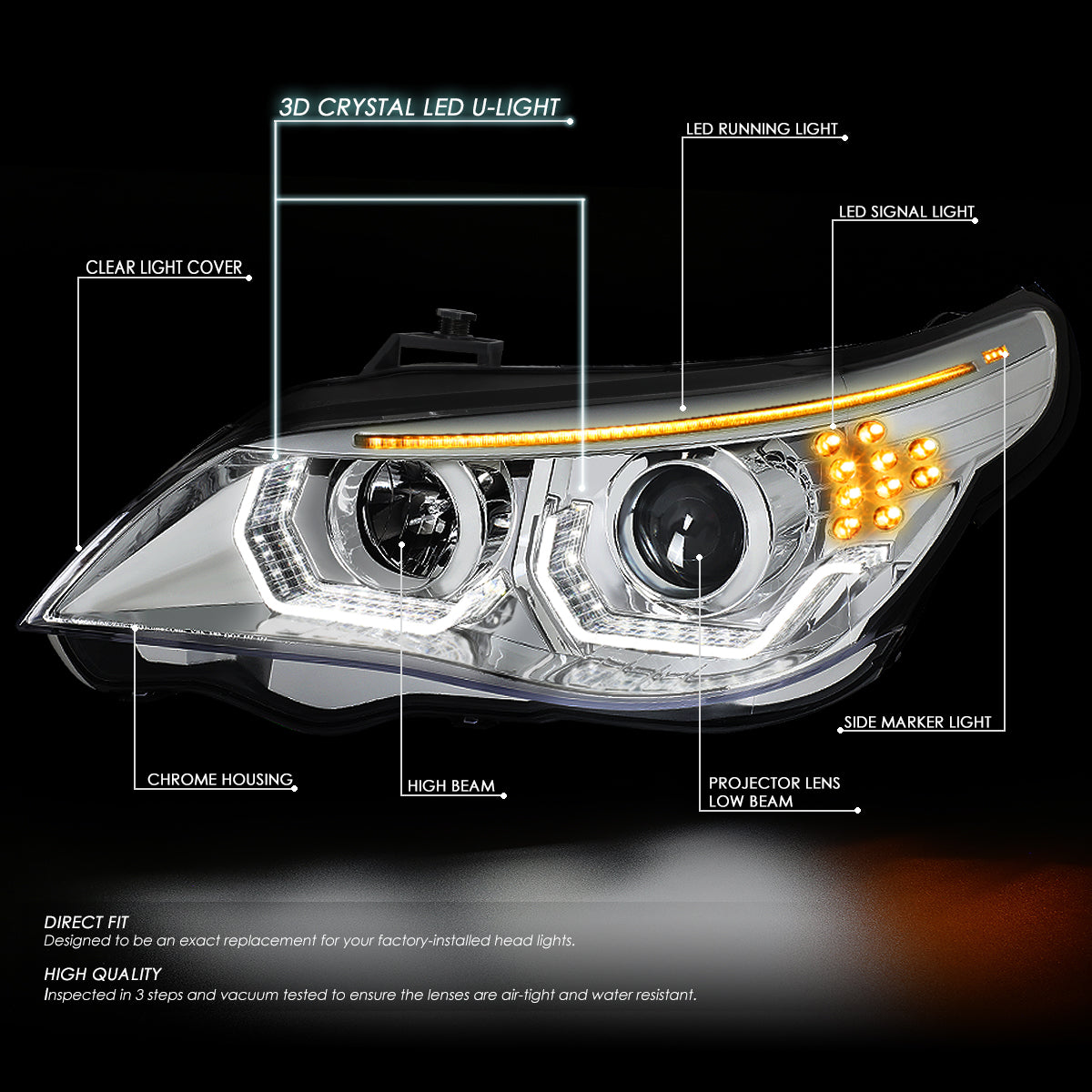 DNA Motoring, 04-07 BMW E60 525i 530i 530xi 545i 550i LED U-Halo+Signal Projector Headlights - Chrome