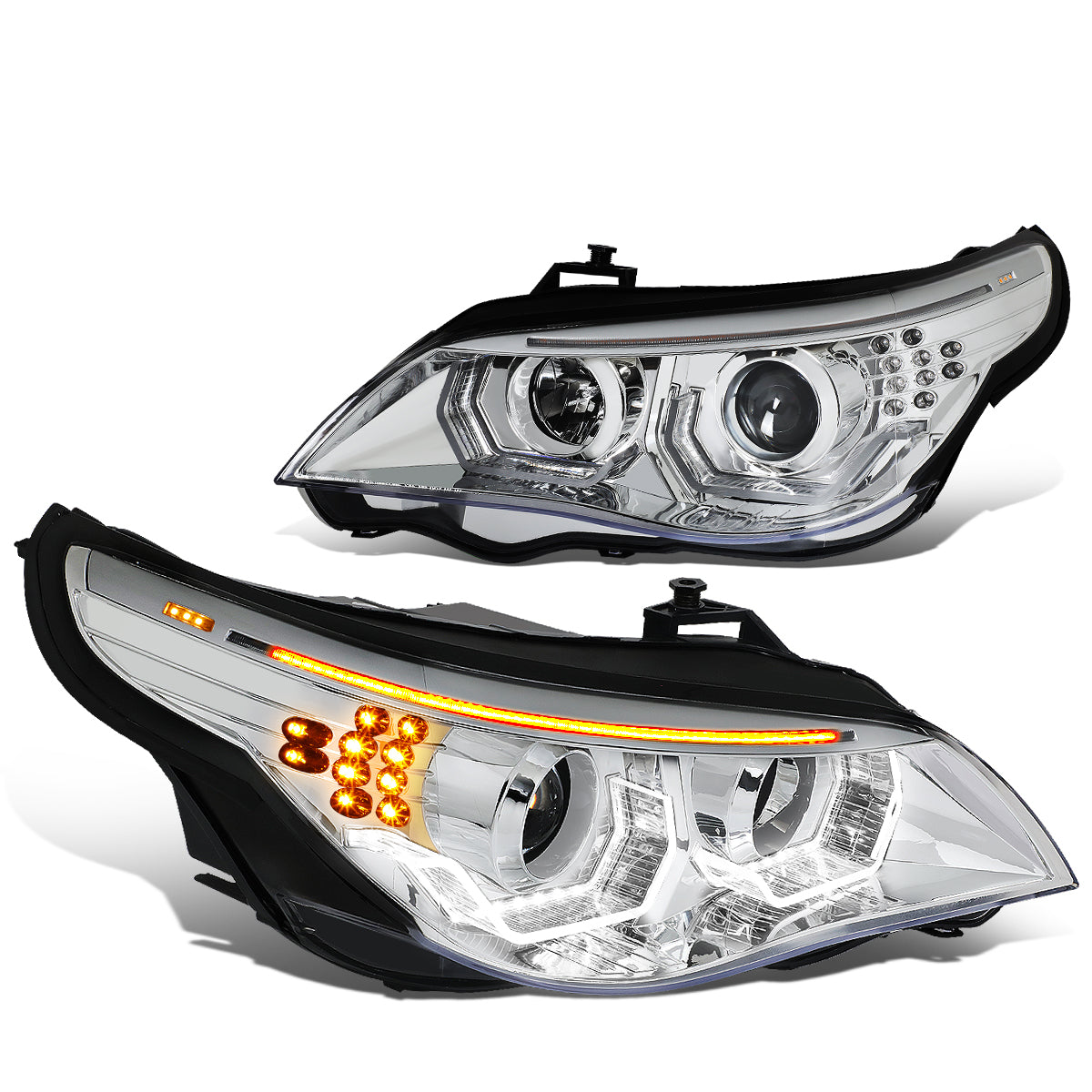 DNA Motoring, 04-07 BMW E60 525i 530i 530xi 545i 550i LED U-Halo+Signal Projector Headlights - Chrome