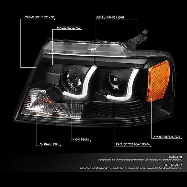 DNA Motoring, 04-08 Ford F150 Lincoln Mark LT LED DRL Projector Headlights - Black Housing Amber Corner