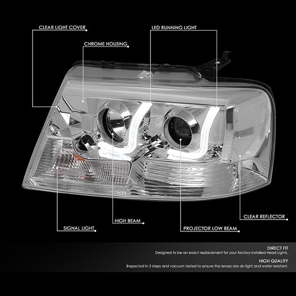 DNA Motoring, 04-08 Ford F150 Lincoln Mark LT LED DRL Projector Headlights - Chrome Housing Clear Corner