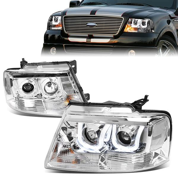 DNA Motoring, 04-08 Ford F150 Lincoln Mark LT LED DRL Projector Headlights - Chrome Housing Clear Corner