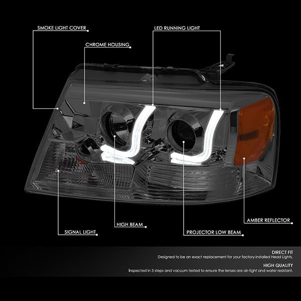 DNA Motoring, 04-08 Ford F150 Lincoln Mark LT LED DRL Projector Headlights - Smoked Housing Amber Corner