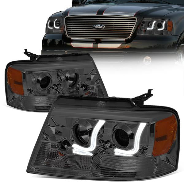 DNA Motoring, 04-08 Ford F150 Lincoln Mark LT LED DRL Projector Headlights - Smoked Housing Amber Corner