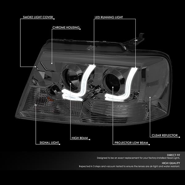 DNA Motoring, 04-08 Ford F150 Lincoln Mark LT LED DRL Projector Headlights - Smoked Housing Clear Corner