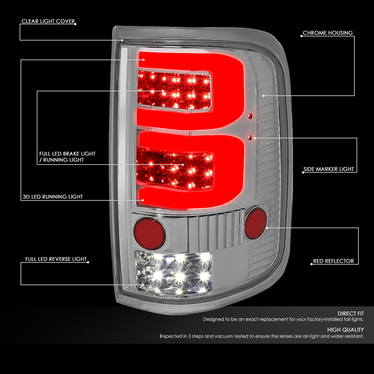 Nuvision Lighting, 04-08 Ford F150 Lobo Dual LED C-Bar Rear Brake Tail Lights - Chrome Housing