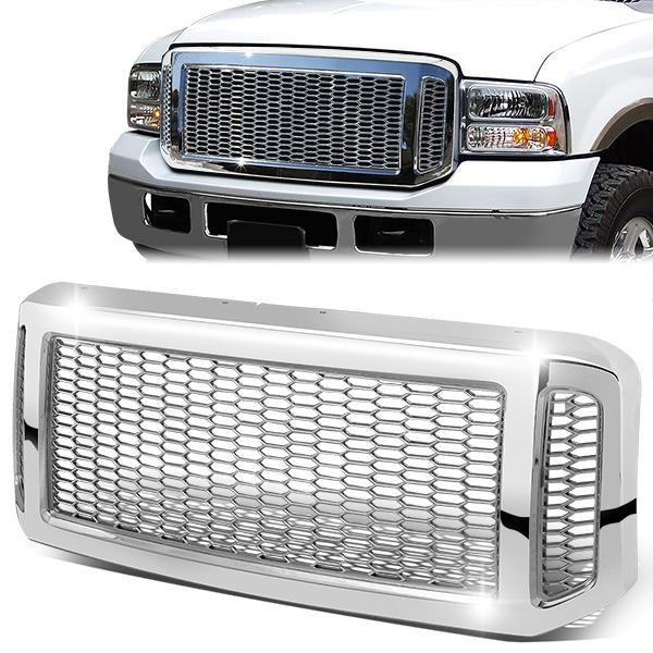 CAAP, 05-07 Ford F250 F350 F450 F550 Super Duty Front Grille - Badgeless Honeycomb Mesh - Chrome