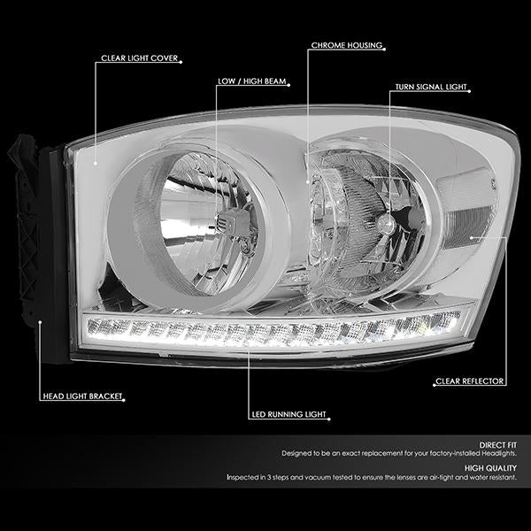 Nuvision Lighting, 06-09 Dodge RAM 1500 2500 3500 LED DRL Headlights - Chrome Housing Clear Corner