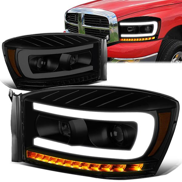 Nuvision Lighting, 06-09 Dodge Ram 1500 2500 3500 LED DRL+Sequential Turn Signal Projector Headlights - Smoked