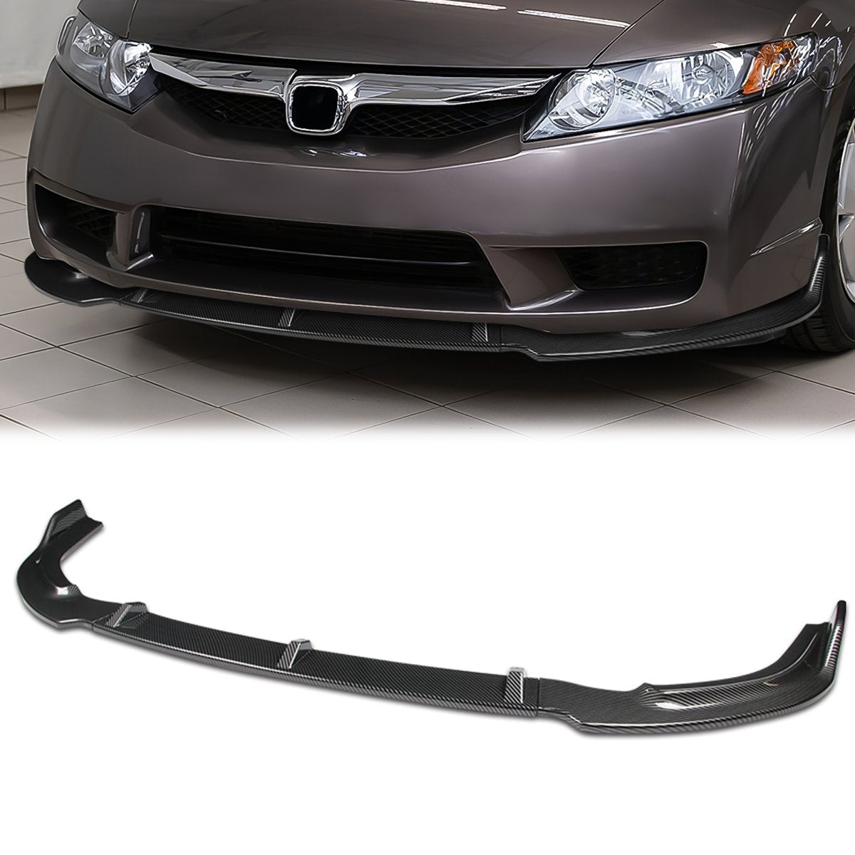 Stay Tuned Performance, 06-11 Honda Civic Sedan Front Bumper Lip - 3 Pieces Design [Carbon Fiber Look]