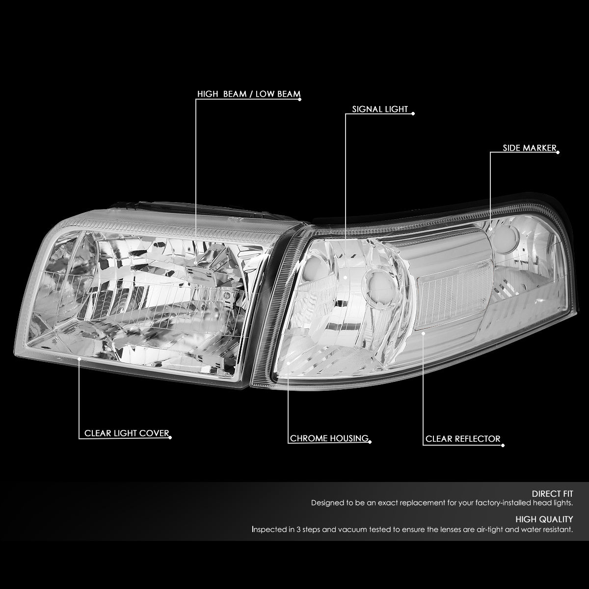 DNA Motoring, 06-11 Mercury Grand Marquis Headlights - Chrome Housing Clear Corner