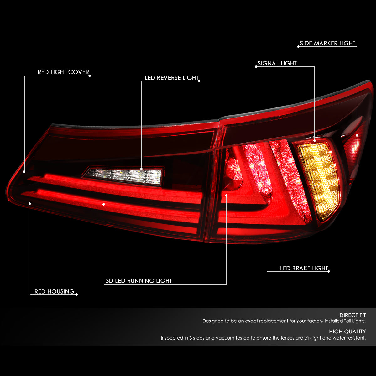 Nuvision Lighting, 06-13 Lexus IS250 IS350 Base Sedan Full LED Brake/Reverse Tail Lights - Red Housing