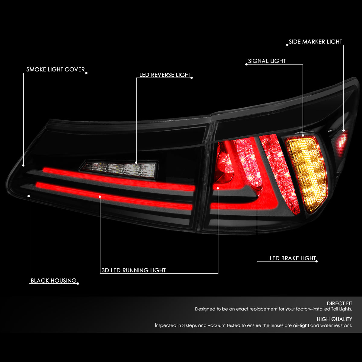 Nuvision Lighting, 06-13 Lexus IS250 IS350 Base Sedan Full LED Brake/Reverse Tail Lights - Smoked Housing