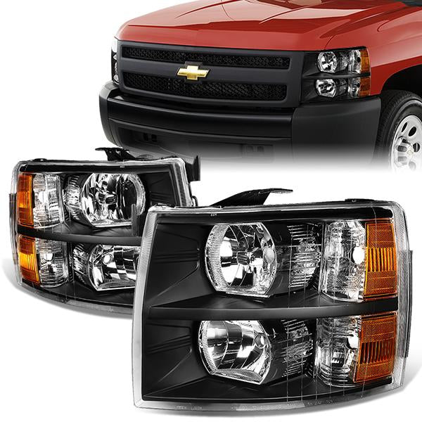 DNA Motoring, 07-14 Chevy Silverado 1500 2500 3500 HD Headlights - Black Housing Amber Corner