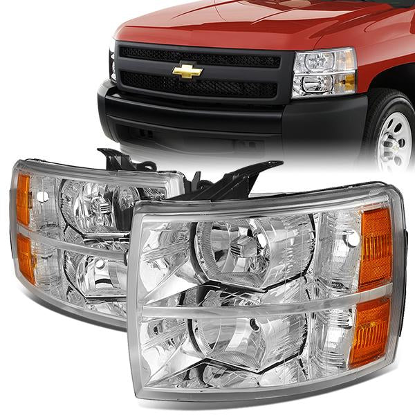 DNA Motoring, 07-14 Chevy Silverado 1500 2500 3500 HD Headlights - Chrome Housing Amber Corner