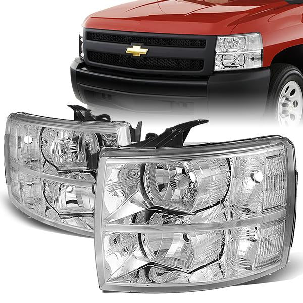 DNA Motoring, 07-14 Chevy Silverado 1500 2500 3500 HD Headlights - Chrome Housing Clear Corner