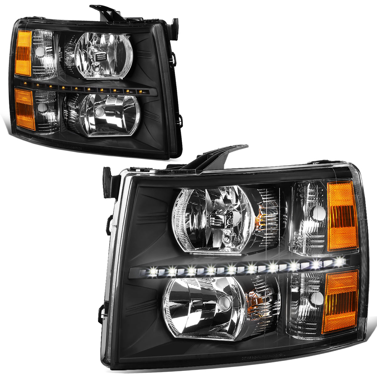 DNA Motoring, 07-14 Chevy Silverado 1500 2500 3500 HD LED DRL Headlights - Black Housing Amber Corner