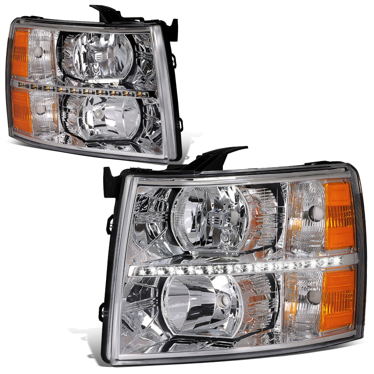 DNA Motoring, 07-14 Chevy Silverado 1500 2500 3500 HD LED DRL Headlights - Chrome Housing Amber Corner