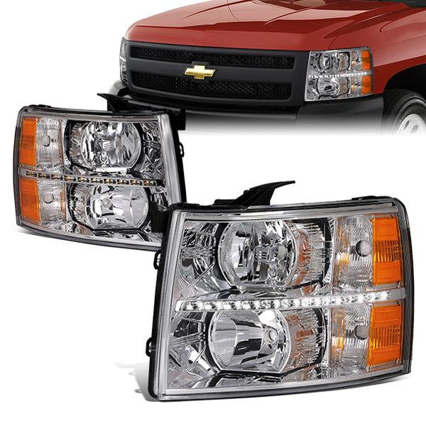 DNA Motoring, 07-14 Chevy Silverado 1500 2500 3500 HD LED DRL Headlights - Chrome Housing Amber Corner