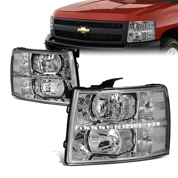 DNA Motoring, 07-14 Chevy Silverado 1500 2500 3500 HD LED DRL Headlights - Chrome Housing Clear Corner