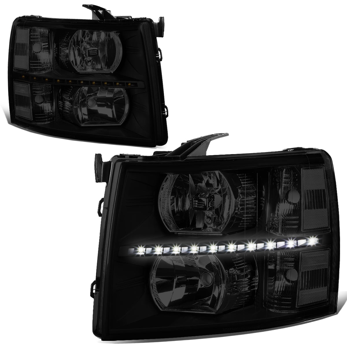 DNA Motoring, 07-14 Chevy Silverado 1500 2500 3500 HD LED DRL Headlights - Tinted Housing Clear Corner