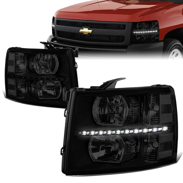 DNA Motoring, 07-14 Chevy Silverado 1500 2500 3500 HD LED DRL Headlights - Tinted Housing Clear Corner