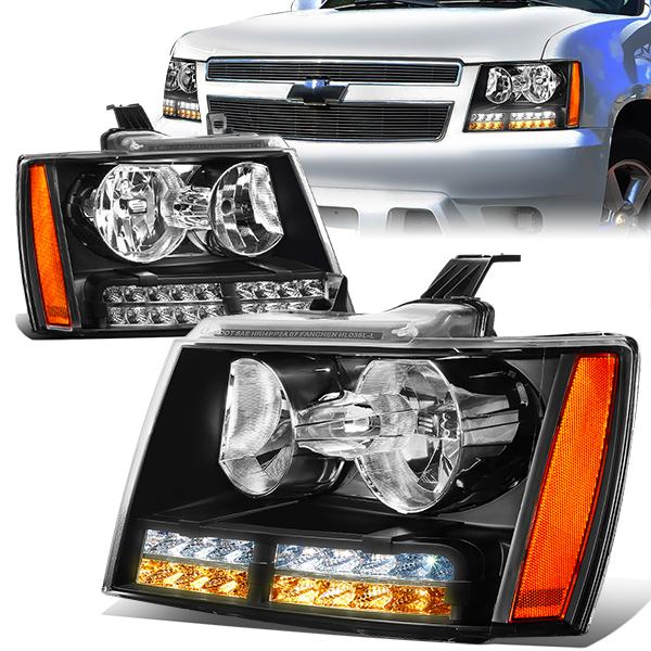 Nuvision Lighting, 07-14 Chevy Tahoe Suburban LED DRL+Turn Signal Headlights - Black Housing Amber Corner