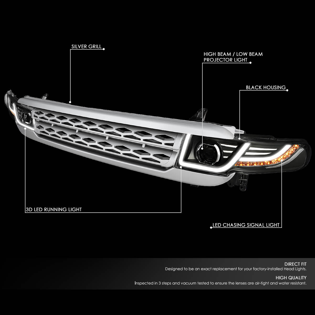 CAAP, 07-14 Toyota FJ Cruiser Front Grille+LED DRL Projector Headlights w/Sequential Turn Signal