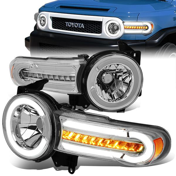 Nuvision Lighting, 07-14 Toyota FJ Cruiser LED DRL+Sequential Turn Signal Headlights - Chrome Housing Amber Corner