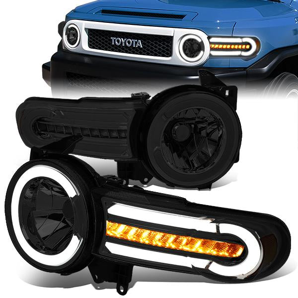 Nuvision Lighting, 07-14 Toyota FJ Cruiser LED DRL+Sequential Turn Signal Headlights - Smoked Housing Amber Corner