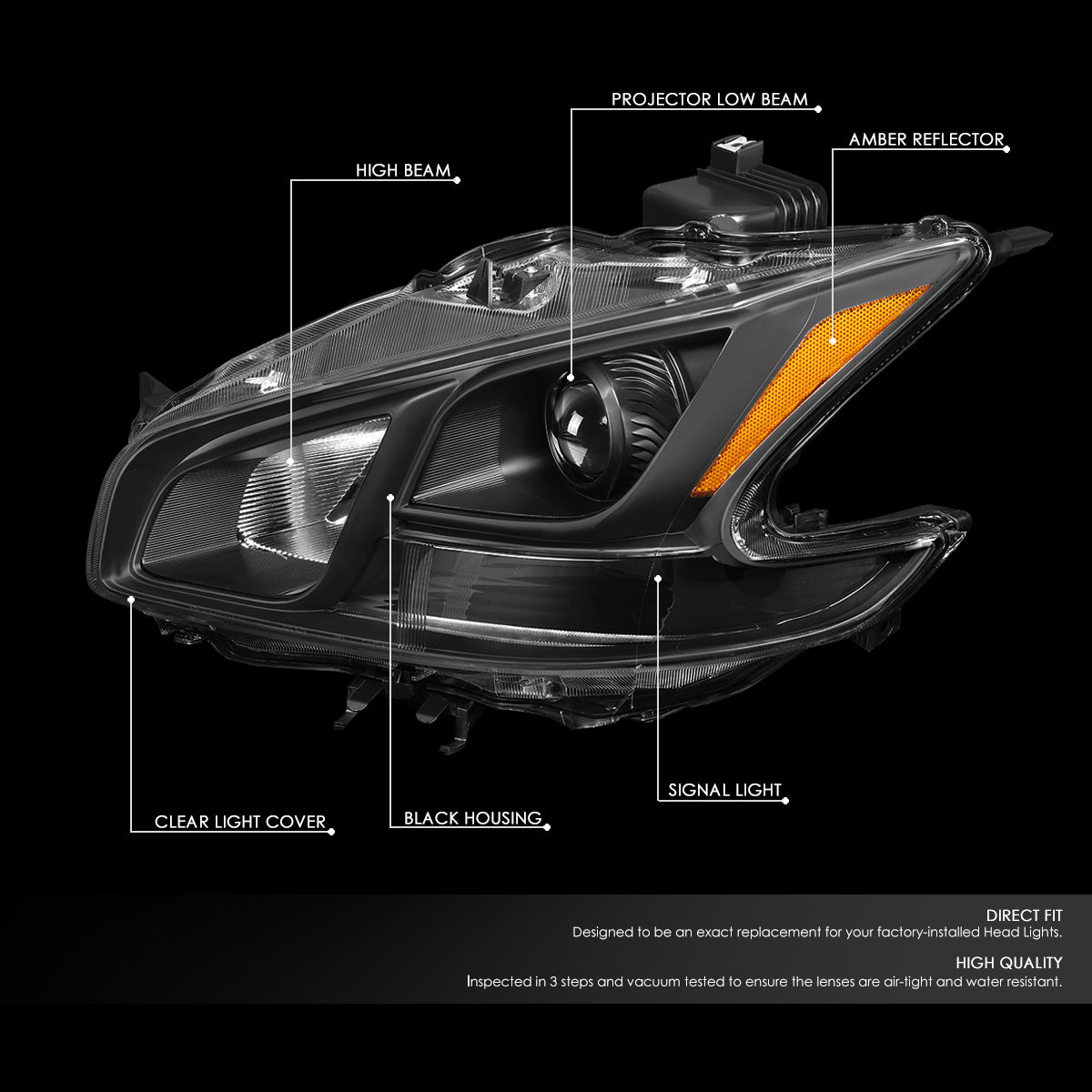 DNA Motoring, 09-14 Nissan Maxima Projector Headlights - Black Housing Amber Corner