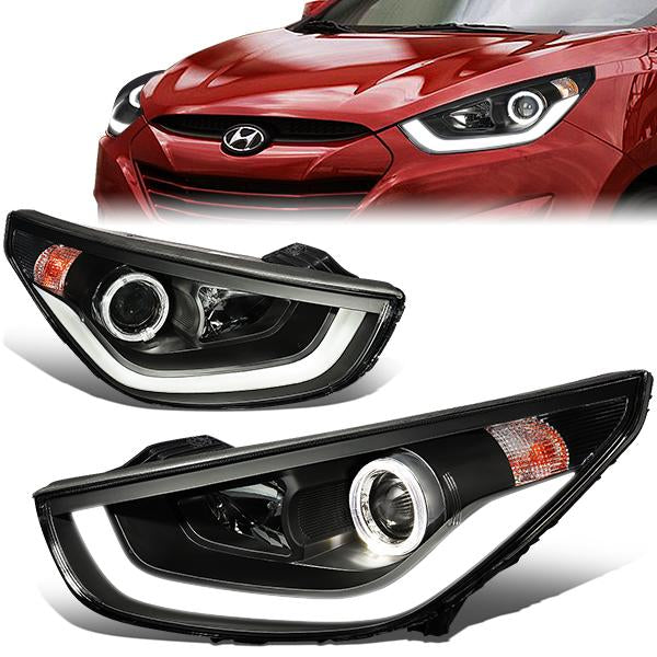 DNA Motoring, 10-16 Hyundai Tucson LED DRL+Halo Ring Projector Headlights - Black Housing