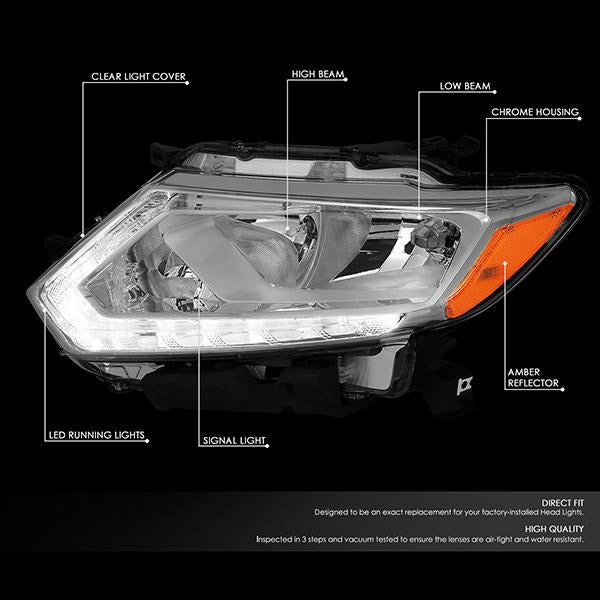 DNA Motoring, 14-16 Nissan Rogue LED DRL Headlights - Chrome Housing Amber Corner