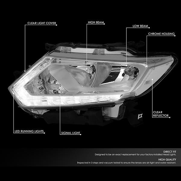 DNA Motoring, 14-16 Nissan Rogue LED DRL Headlights - Chrome Housing Clear Corner