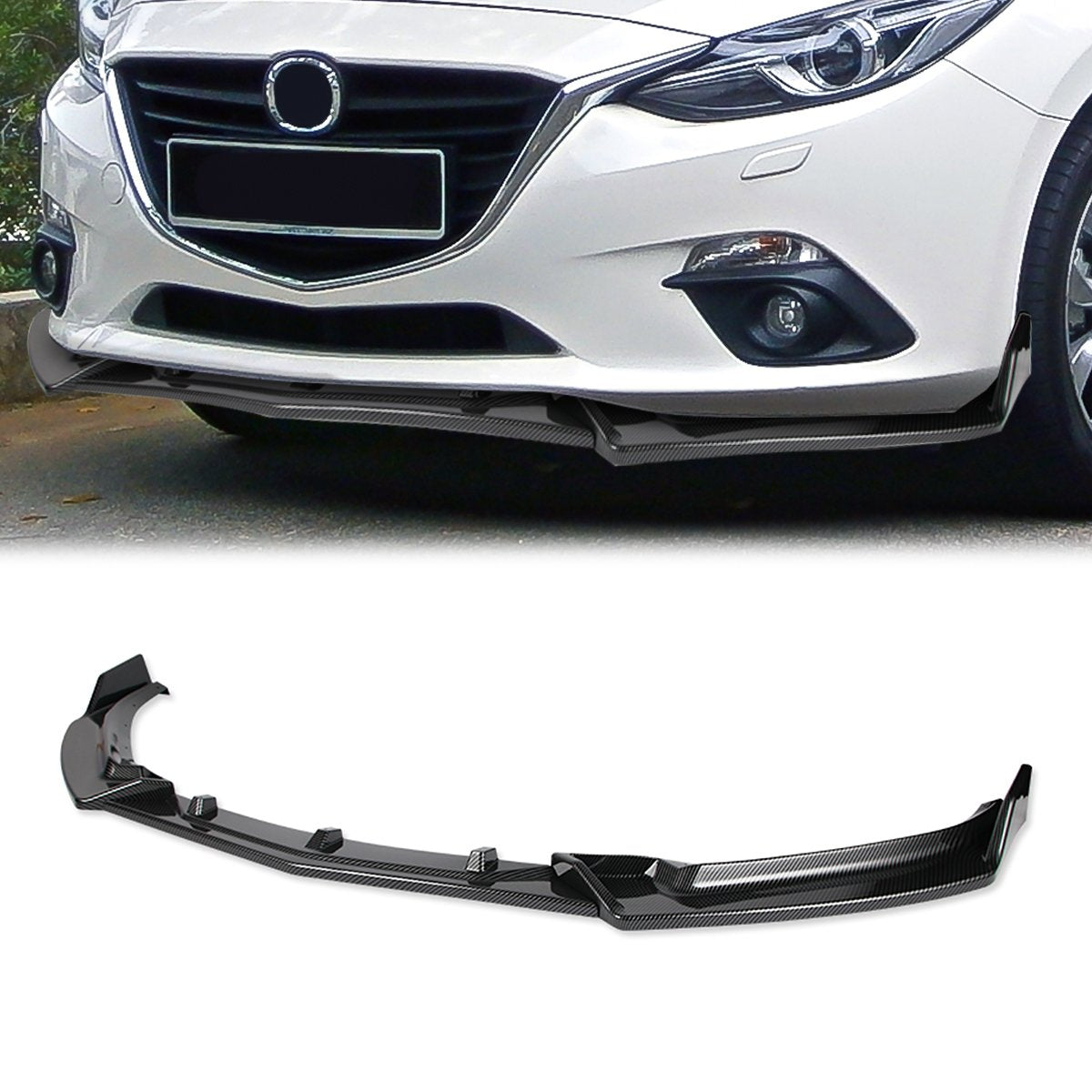 Stay Tuned Performance, 14-18 Mazda 3 Sedan Hatchback Front Bumper Lip - 3 Pieces Design [Carbon Fiber Look]